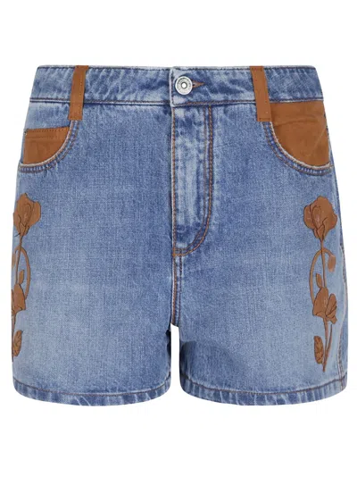 Ermanno Scervino Classic Denim Bermudas With Floral Embroidery In Blue
