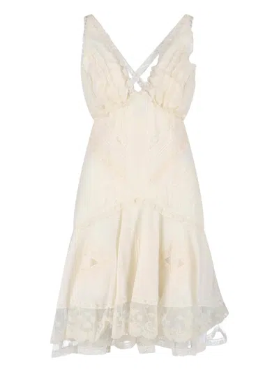 Ermanno Scervino Dress V Neck Sleeveless Tiered Skirt Lace In White