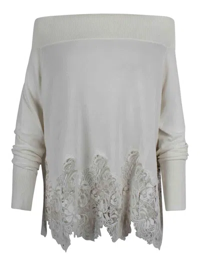 Ermanno Scervino Cotton Sweater With Lace Embroidery In Gray