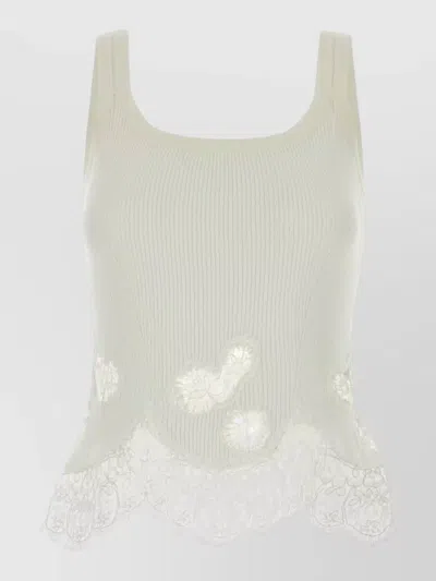 Ermanno Scervino Cotton Tank Top Lace Trim Floral Embroidery In White
