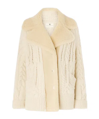 Ermanno Scervino Cream Oversized Cardigan In Virgin Wool With Merino Shearling Collar In Neutral
