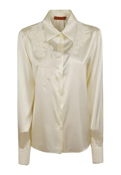 Ermanno Scervino Cream White Lace Trim Satin Shirt In Neutral