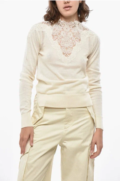 Ermanno Scervino Crew Neck Cashmere Blend Sweater With Lace Inserts In White