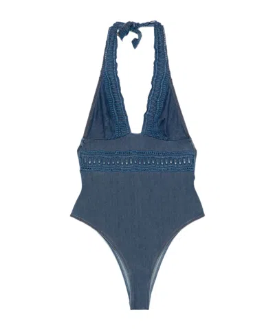 Ermanno Scervino Crochet-lace Halter Swimsuit In Blue