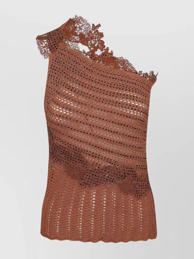 Ermanno Scervino Crochet Lace One-shoulder Scalloped Sleeveless Top In Brown