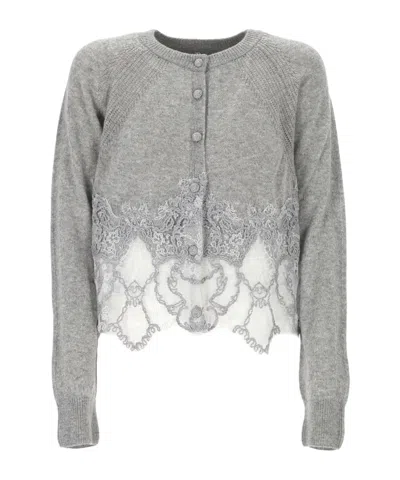 Ermanno Scervino Cropped Cardigan In Pure Cashmere With Mandarin Collar And Rebrode Lace In Gray