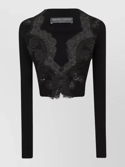Ermanno Scervino Cropped Cardigan Lace Detail Long Sleeves In Black