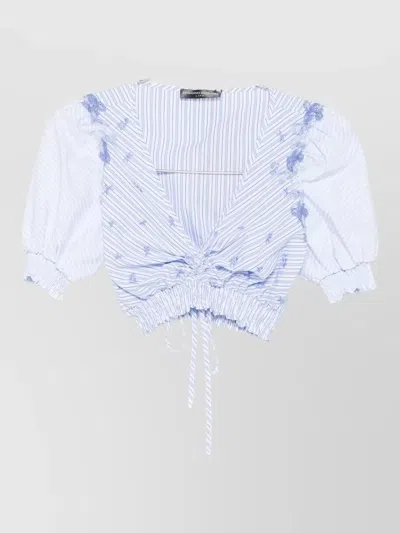 Ermanno Scervino Cropped Top Striped Pattern Floral Embroidery In Blue