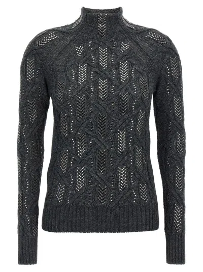Ermanno Scervino Crystal Appliqué Braided Sweater With High Neckline In Gray