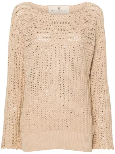 Ermanno Scervino Crystal-embellished Open-knit Jumper In 中性色