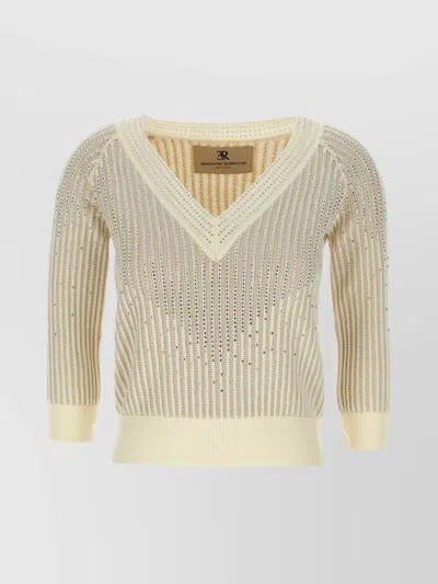 ERMANNO SCERVINO CRYSTAL EMBELLISHED SHEER KNIT V-NECK SWEATER