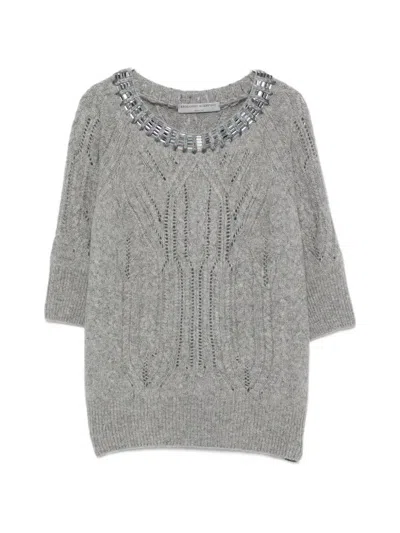 Ermanno Scervino Cashmere Crewneck Sweater Crystal Beaded Neckline In Gray