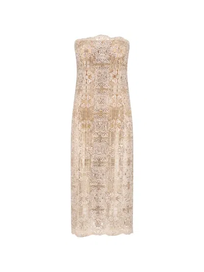 Ermanno Scervino Crystal-embellished Lace Midi Dress In Neutral