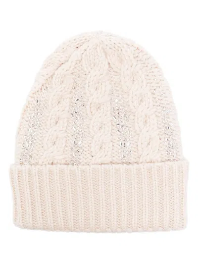 Ermanno Scervino Crystals Braided Beanie Hat In Neutrals