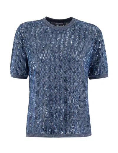 Ermanno Scervino Dark Denim Melange T-shirt With Crystal Appliques