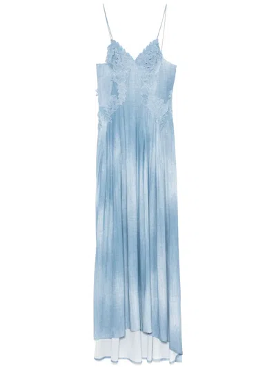 Ermanno Scervino Denim-print Lace-detail Maxi Dress In Blue