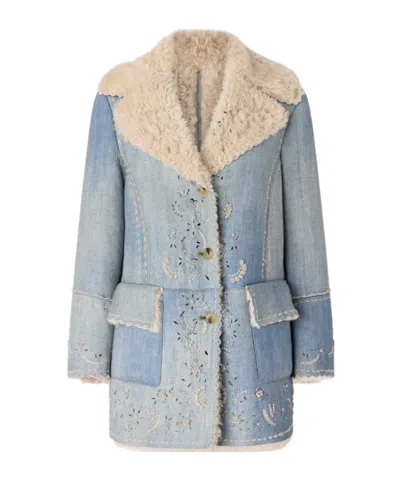 Ermanno Scervino Denim-effect Shearling Coat With Cut-out Embroidery In Blue