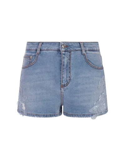 Ermanno Scervino Distressed Lace Cut Out Shorts In Blue