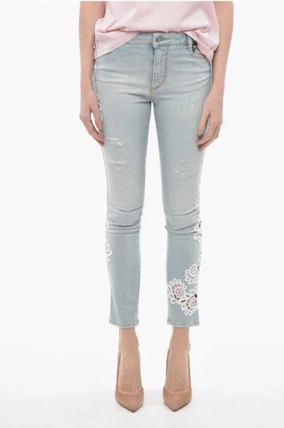 Ermanno Scervino Distressed Slim Fiit Jeans With Laces Macrame' Details In Blue