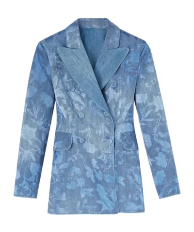Ermanno Scervino Devoré Rose Denim-print Blazer In Blue