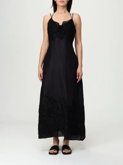 Ermanno Scervino Linen Long Dress W/lace Details In Black