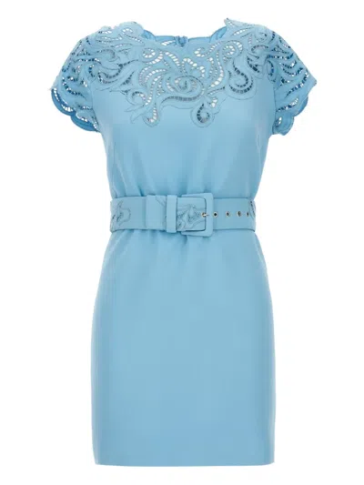 Ermanno Scervino Lace Dress With Belted Waist And Cap Sleeves In Blue