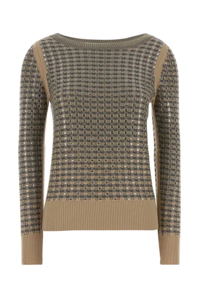 Ermanno Scervino Embroidered Checked Wool-cashmere Sweater In Brown