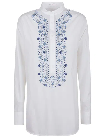 Ermanno Scervino Mandarin Collar Shirt With Intricate Blue Embroidery In White