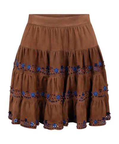Ermanno Scervino Embroidered Denim Mini Layered Mini Skirt In Brown