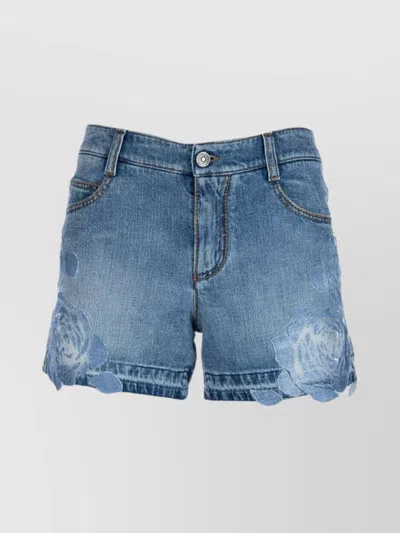 Ermanno Scervino Embroidered Floral Denim Shorts With Raw Hem In Blue