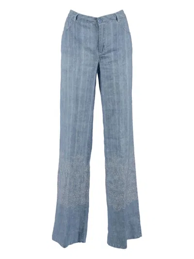 Ermanno Scervino Embroidered Linen Trousers In Blue