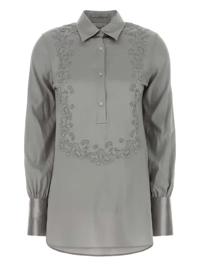Ermanno Scervino Satin Shirt With Buttoned Cuffs And Embroidery In Gray