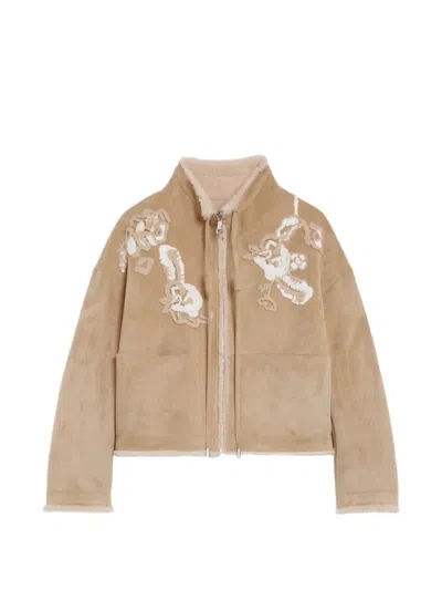 Ermanno Scervino Brown Suede-like Cropped Shearling Floral Embroidered Jacket In Animal Print