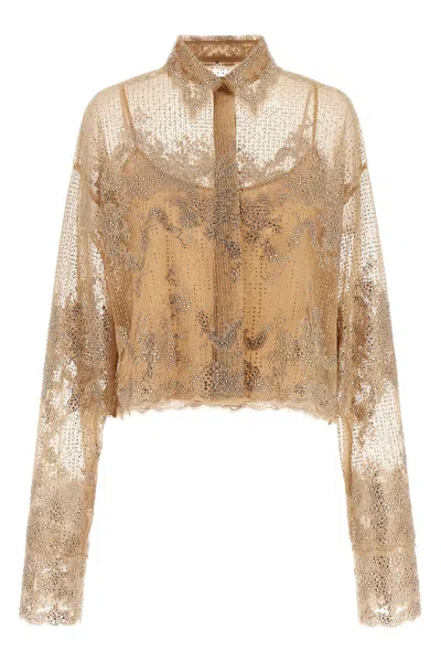 Ermanno Scervino Collared Sequin Sheer Jacket Long Sleeves In Brown