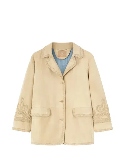 Ermanno Scervino Embroidery Suede Jacket In Neutral
