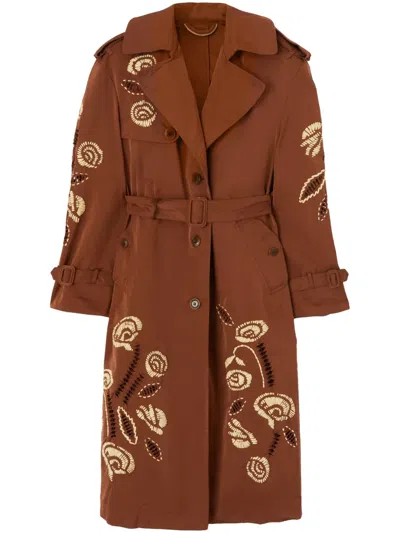 Ermanno Scervino Embroidery Trench Coat In Brown
