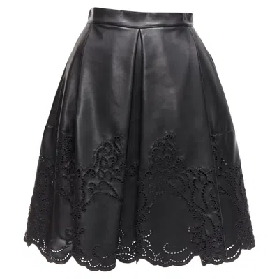 Ermanno Scervino Faux Leather Lattice Embroidery Scalloped Skirt In Black