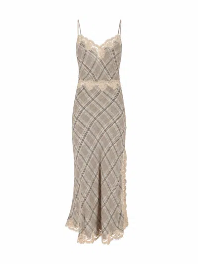 Ermanno Scervino Fitted Lace Trim Plaid Pattern Midi Dress In Neutral