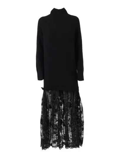 Ermanno Scervino Fitted Wool Midi Dress With Long Sleeves In Black