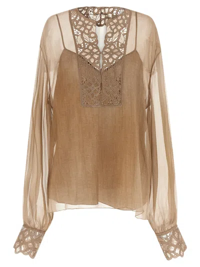 Ermanno Scervino Floral Carving Blouse Shirt And Blouse Beige In Brown