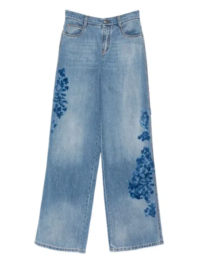 Ermanno Scervino Wide-leg Trousers Floral Embroidery In Blue