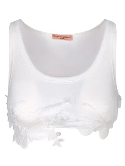 Ermanno Scervino Floral Embellished Ribbed Cropped Tank Top In White