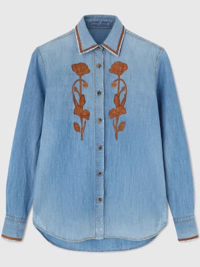 Ermanno Scervino Floral-embroidered Denim Shirt In Blue