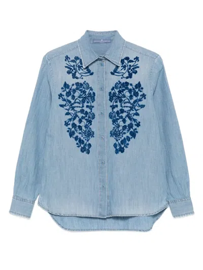 Ermanno Scervino Floral-embroidered Denim Shirt In Blue
