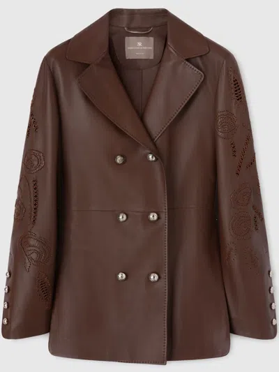 Ermanno Scervino Floral-embroidered Leather Jacket In Braun