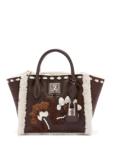 Ermanno Scervino Floral-embroidered Sheepskin Shoulder Bag In Brown
