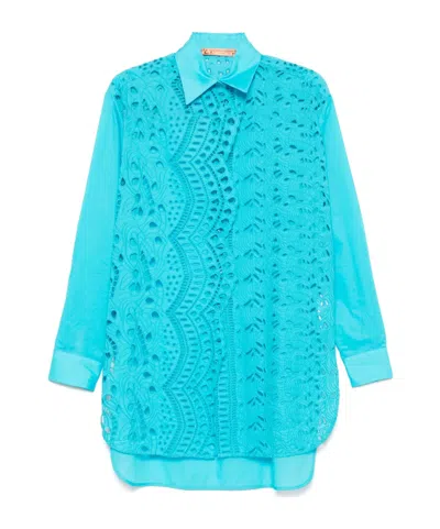Ermanno Scervino Floral-embroidered Shirt In Turquoise Blue-green