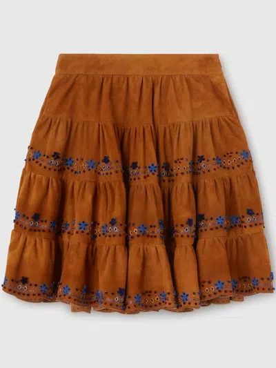 Ermanno Scervino Floral-embroidered Suede Skirt In Braun