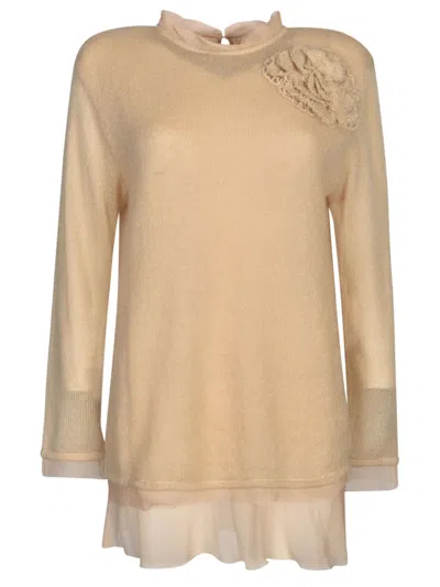 Ermanno Scervino Floral Embroidery Lace Paneled Knit Sweater In Beige