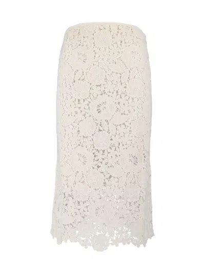 Ermanno Scervino Floral Lace Overlay Scalloped Hemline Midi Skirt In White